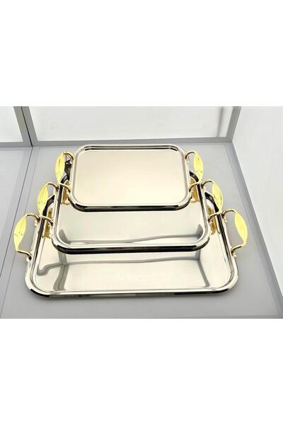 aljahwari 3-piece serving tray set, nickel finish, gold handle
