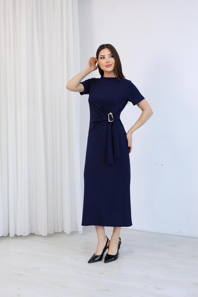 moda poni Women's Navy Blue Short-Sleeved Dress with Gold Buckle Detail and S...
