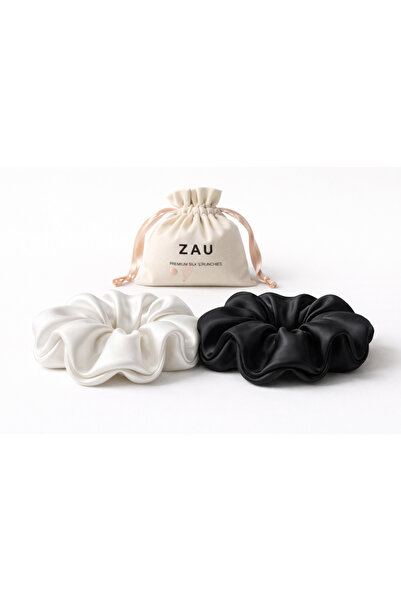 zau %100 Saf İpek 2’li Scrunchie Saç Tokası(Siyah ve Beyaz)