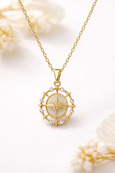 Jewelliss Kadın Vintage Pusula Kolye Gold Çelik Kaplama Minimal Zarif