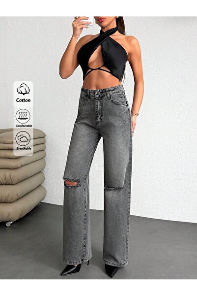 MAGNOX Gray High-Waisted Ripped Detailed Wide-Leg Jeans