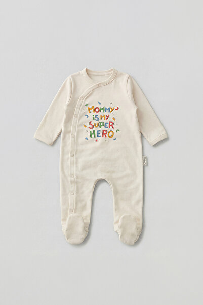 Overoz Erkek / Kız Bebek Patikli Tulum Anne Mommy Süper Hero Baskılı Çıtçıtlı Ekru Zıbın Tulum 5352