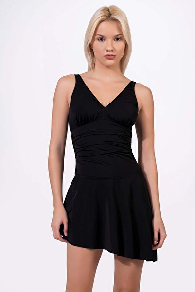 Endeep Women's Gathering Black Skirted Dress Swimsuit with Adjustable Straps