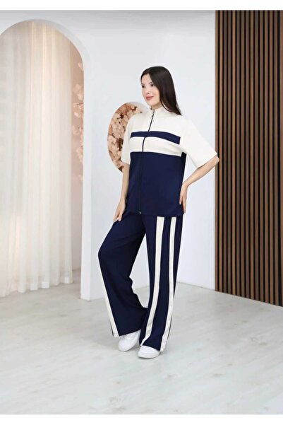 LAVRE طقم بدلة رياضية بسحاب من قماش المودال بتفاصيل شريطية كبيرة الحجم - سترة...