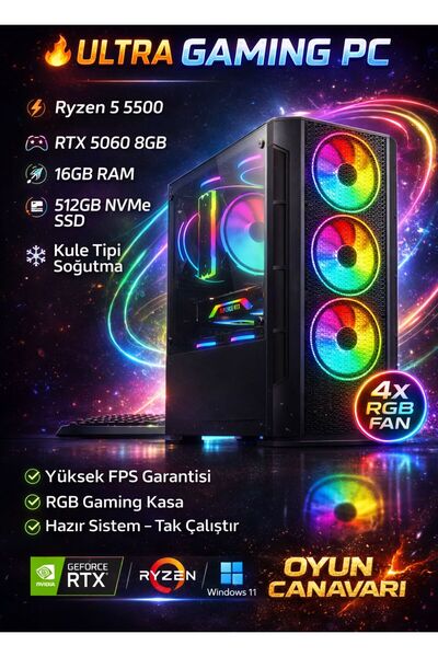 Apphirex Rise X55 Ryzen 5 5500 16GB RAM 512GB M2 SSD RTX5060 GDDR7 Masaüstü O...