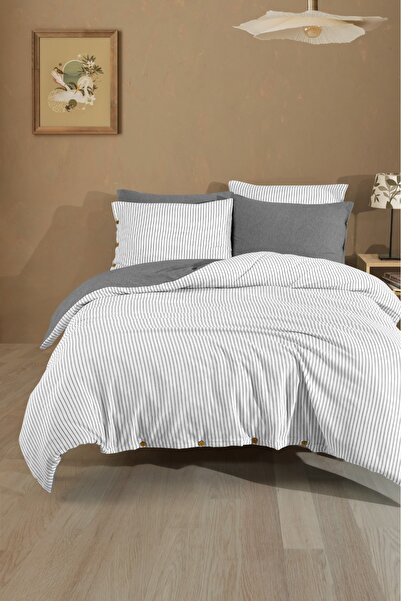 Cottonest طقم غطاء لحاف مزدوج مخطط من القطن - موديل بأزرار |   أنثراسيت