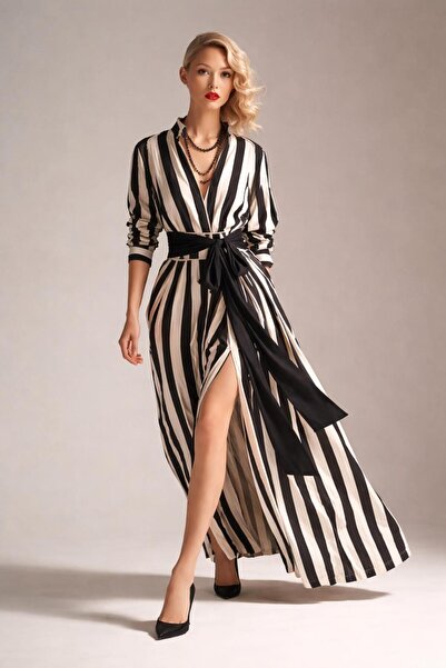 ALYEL NAKER فستان قميصي ماكسي من الساتان الناعم بنمط مخطط باللونين الأسود وال...