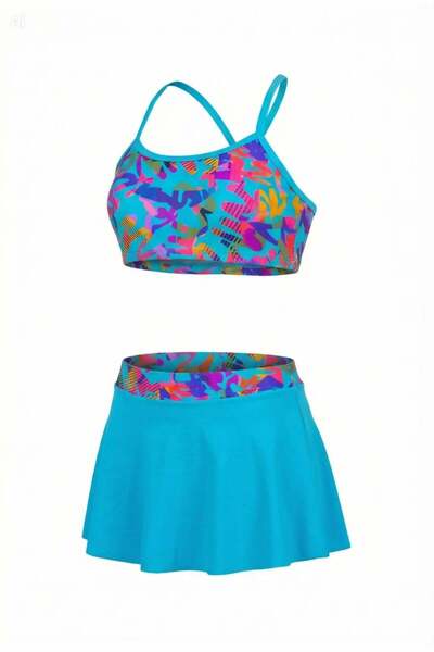 Endeep Girl's Light Blue Bustier Skirted Two-Piece Patterned Swimsuit Bikini Set