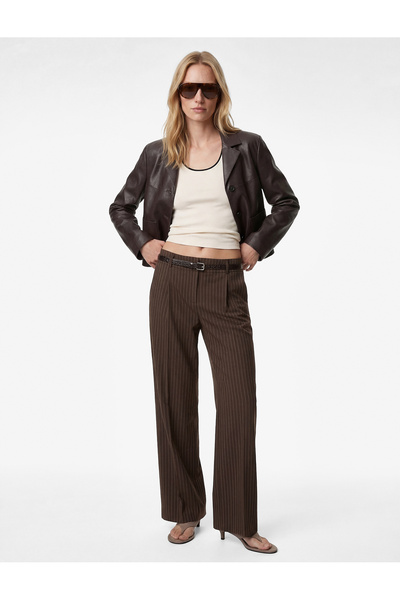 Koton Pleated High Waist Belted Wide Leg Striped Palazzo Trousers