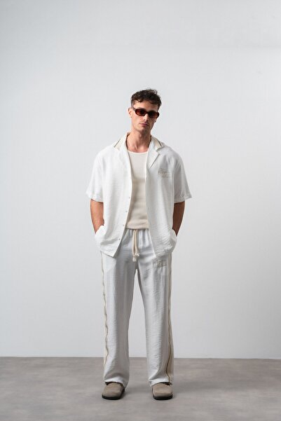 Respire Set cămașă și pantaloni oversize din in, cu detalii cu dungi, pentru ...