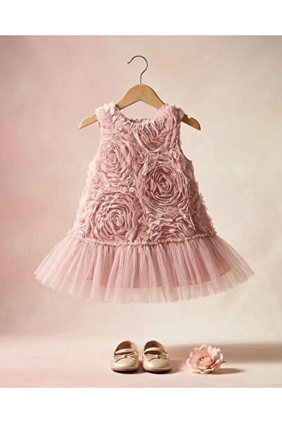ULTİMA BABY Kız Bebek Elbise Abiye 3D Gül Detaylı Etek Ucu Tüllü