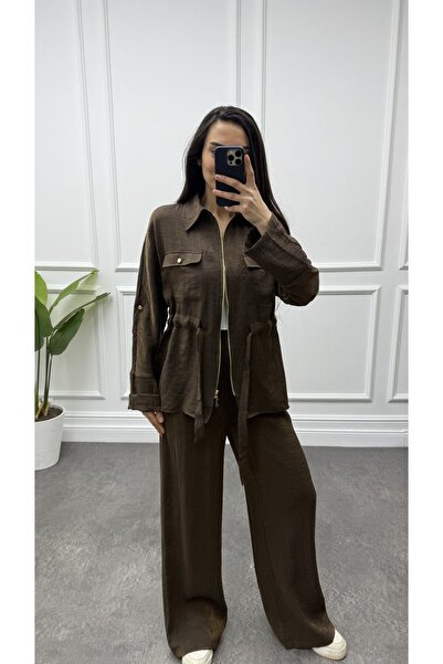 CurcunaShop Kadın Şifon Pullu Önden Bağlamalı Ceket Pantolon Takım
