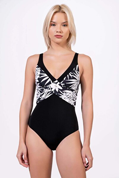 Endeep Women's Floral Patterned Cross Detailed Gathering Black Swimsuit