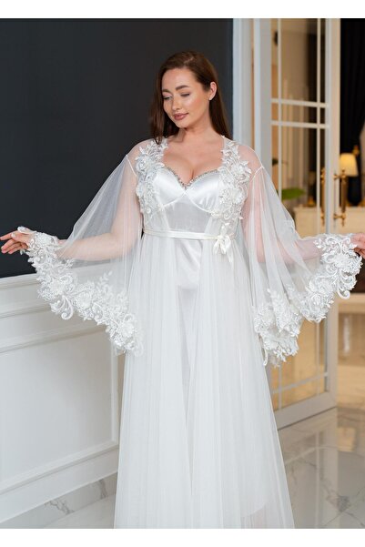 Limas lingerie Special Design Tulle, 2-Piece Long Dressing Gown with Lace Det...