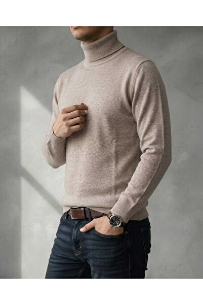 Premium Erkek Koyu Bej Melanj Pamuklu Tam Balıkçı Yaka Slim Fit Triko Kazak
