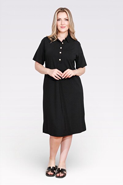 TOLGA SARAÇOĞLU 40181 Black Gold Button Detail Short Sleeve Knit Dress