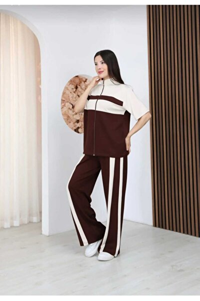 LAVRE طقم بدلة رياضية بسحاب من قماش المودال بتفاصيل شريطية كبيرة الحجم - سترة...