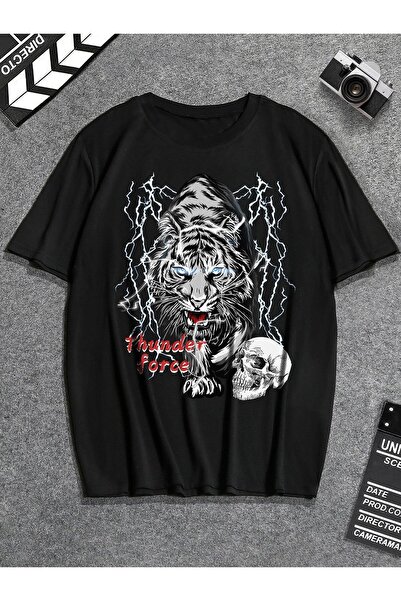 CLASSY.MODA Oversize Tiger and Lightning Print T-Shirt - Thunder Force