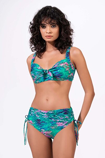 Endeep Women's Plus Size Underwire Supported Green Blue Patterned Bikini Set