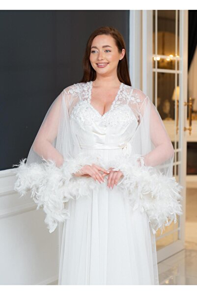 Limas lingerie Special Design Lace, Feather Detail 2-Piece Long Dressing Gown