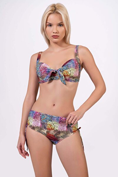 Endeep Women's Plus Size Underwire Supported Yellow Pink Patterned Bikini Set