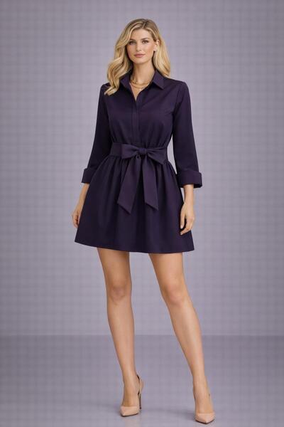 ALYEL NAKER فستان قميص أنيق/كاجوال من التفتا الأرجواني بحزام متنقل ومقاس صغير