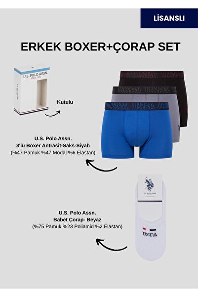 U.S. Polo Assn. Men'S, Licensed, Uspa, Waist Printed 3-Piece Boxer + Socks Se...
