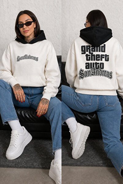 Trend Mixs Women's Oversize Printed Hooded Sweatshirt Comfortable Casual Swea...