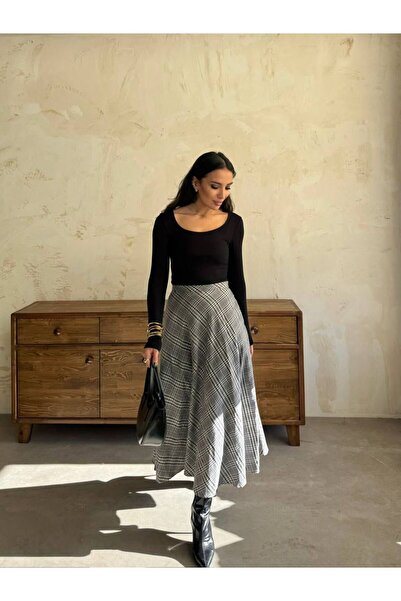 LostModa Ekose Desenli Yüksek Bel Kloş Maxi Etek