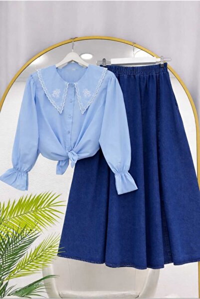 MODA VEDAT Women's Shirt with Collar Detail - Denim Skirt Set -0700