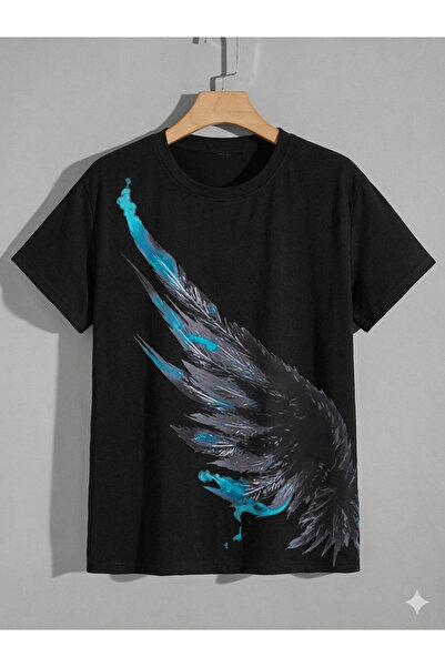 CLASSY.MODA Υπερμεγέθες μπλουζάκι με στάμπα με ένα φτερό - Τιρκουάζ λεπτομέρεια