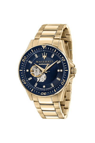 Maserati ساعة رجالية أوتوماتيكية من الفولاذ المقاوم للصدأ باللون الذهبي بمينا...