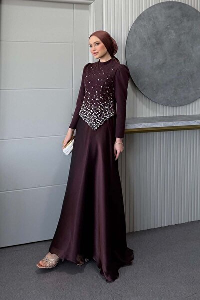 Şulemoda Giyim Βραδινό φόρεμα με πέτρες στο επάνω μέρος, καφέ χρώμα