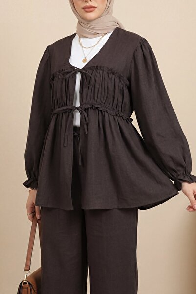 Modamorfo Set modal cu șireturi în față și mâneci elastice -k. Cafea