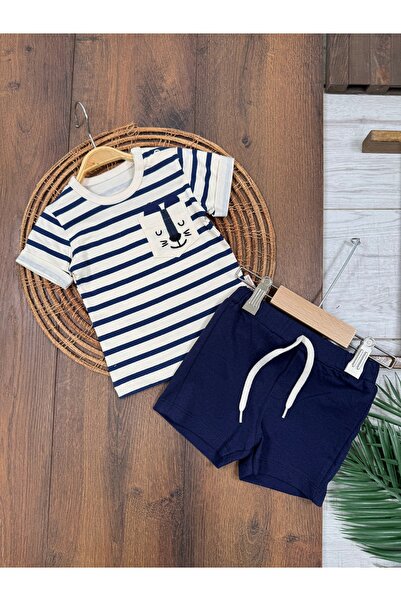 Bolly Baby Çizgi Baskılı Kedi Detaylı Cep Omuzdan Çıtçıtlı Kısa Kol Tişört Şo...