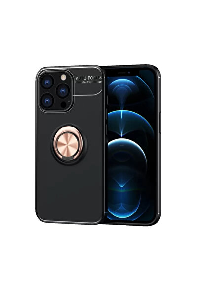 Generic Brand حافظة Newface لهاتف iPhone 13 Pro من السيليكون مع حلقة - أسود-ذهبي
