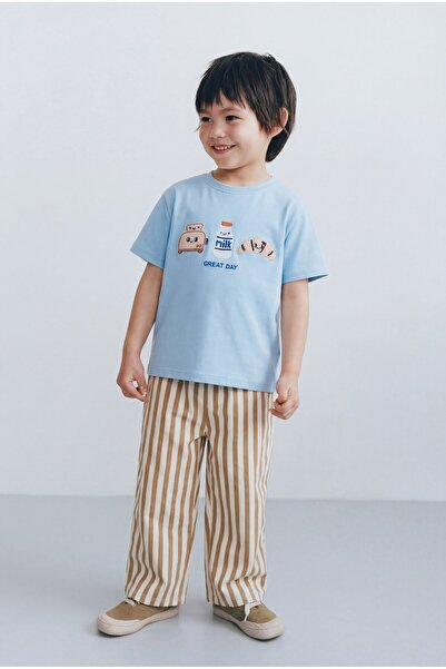 Magu Boy's Cotton Blue Printed T-Shirt Striped Capri Tracksuit Set - Beige Brown
