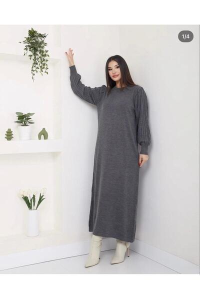 moda dıcasso Modern Balloon Sleeve Detailed Embellished Dress Cold Yarn Knitw...