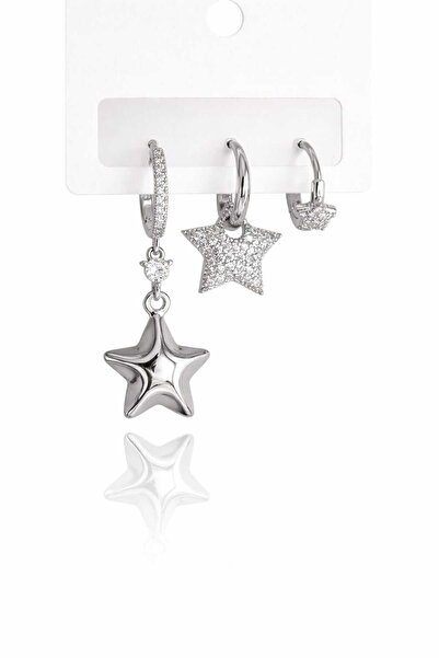Mope Accessories Silver Color 3-Piece Earring Set with Star Figures