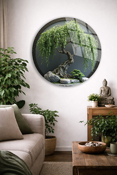 TAULART Round Unbreakable Glass Table with Tree Design and Zen Garden Design ...