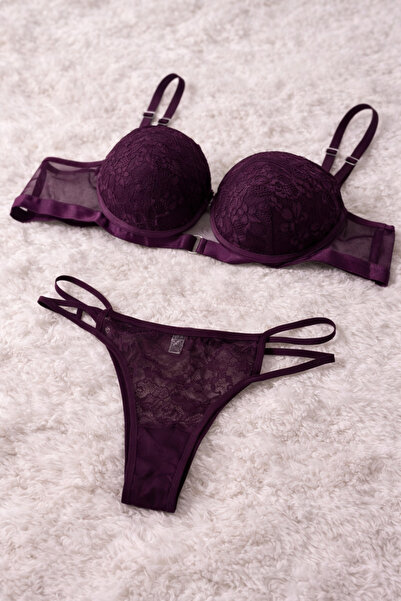 luvia Mor Dantelli Sütyen Takım Push Up Destekli Şeffaf Detaylı Kadın İç Giyi...