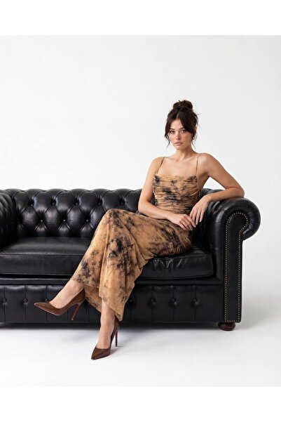 LOKADI Women's Patterned Tulle Dress with Rope Straps, Double Breasted Collar...