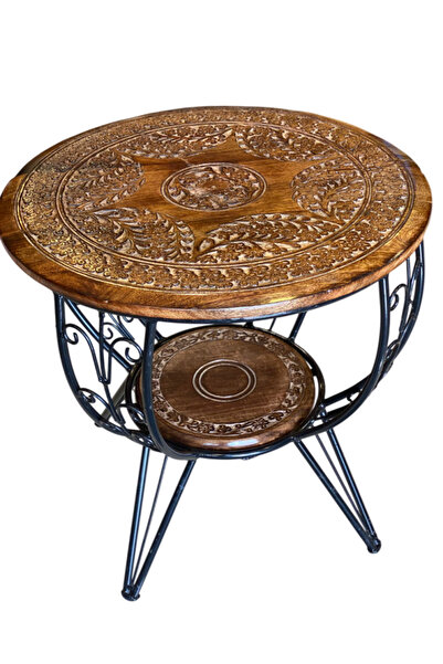 Otantik Çarşı Eskitme Ahşap Ferforje Oymalı Yuvarlak Sehpa 60x60x59 cm. KNA586