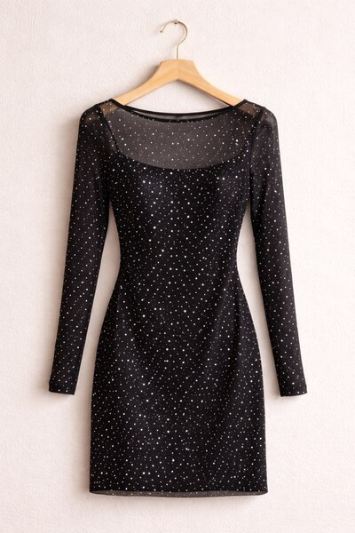 LOKADI Kadın Siyah Simli Taş Detaylı Uzun Kollu Mini Abiye Gece Elbisesi