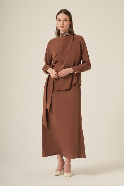 FTZ WOMEN Rochie de damă din fibre naturale cu guler de piatră, maro 31317