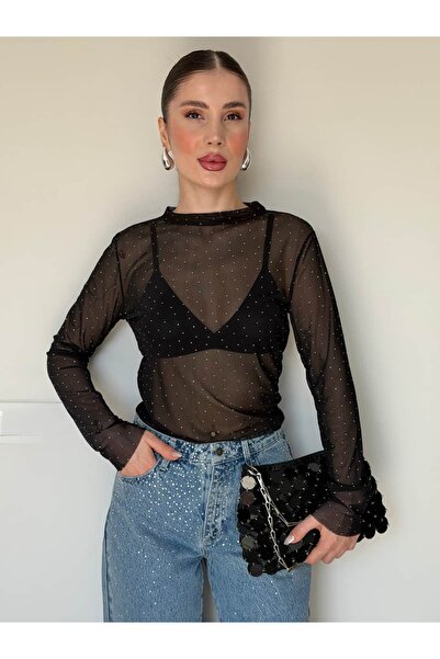 YK FASHION Taş Detaylı Transparan Bluz
