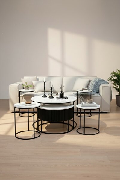 foryou Set of 2 Tables, Wooden, Canape, with 4 Services, Black Color