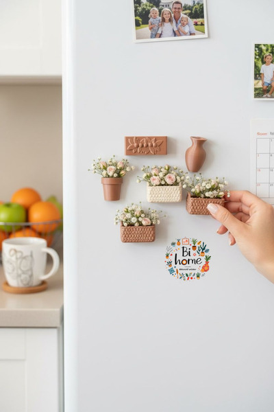Bihome Ev Dekor & Hediyelik 4’lü Mini Vazo Buzdolabı Magnet Seti 3D Baskı Dek...