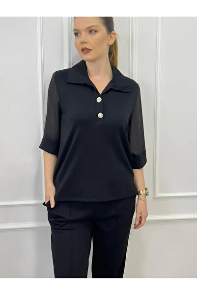 Te&Te Women's Black Polo Collar Sleeves Chiffon Blouse