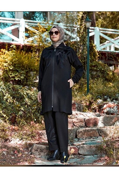 behrem Büyük Beden önden fermuarlı pantolonlu takım siyah